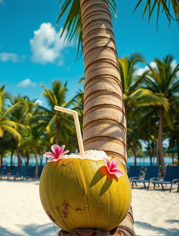 Vibrant tropical beach scene with a fresh green coconut prepared as a drink, resting against the trunk of a tall palm tree.